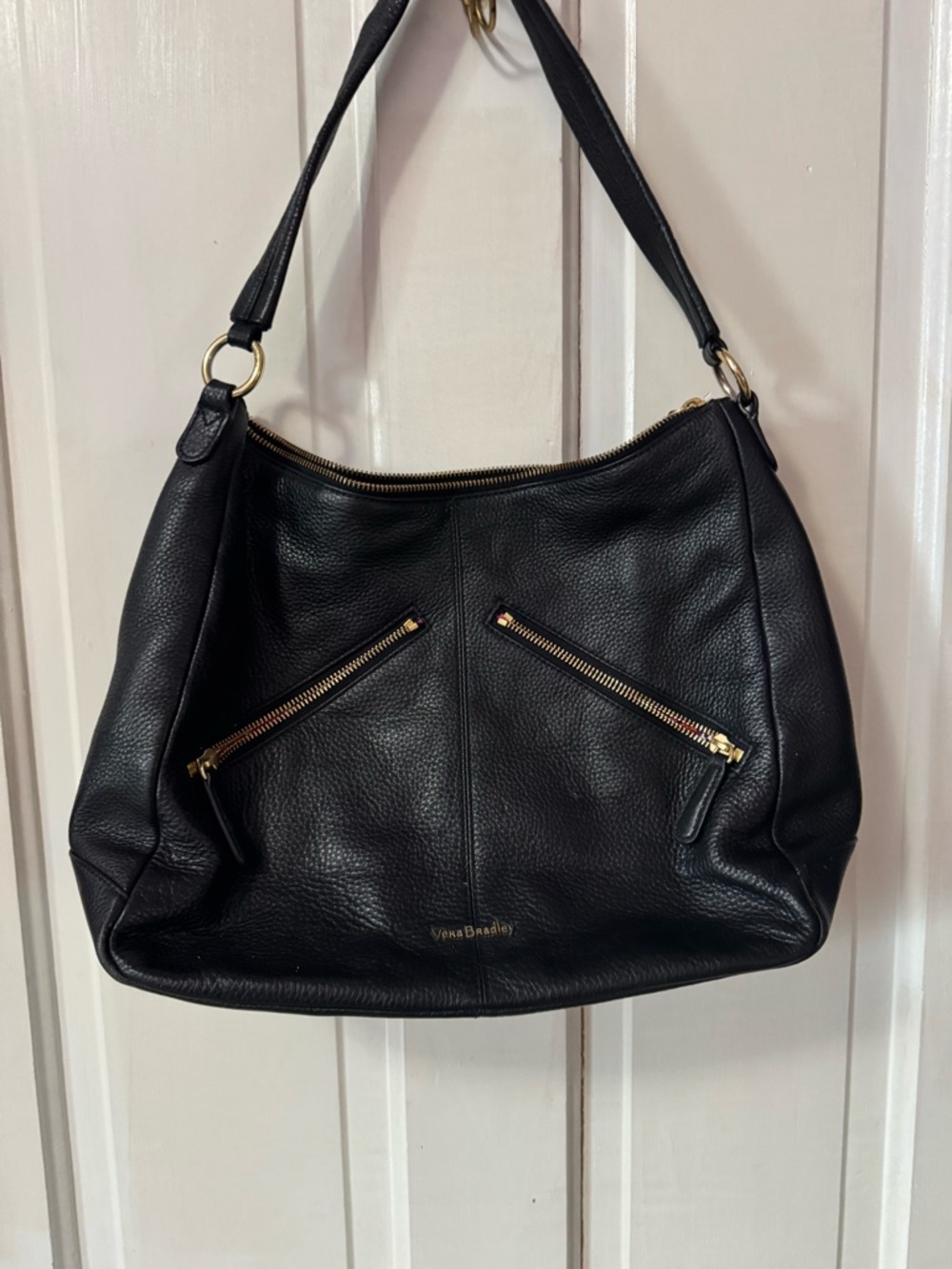 Vera Bradley Black Pebbled Leather Shoulder Bag with Gold Hardware
